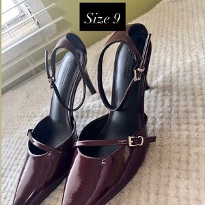Patent Pointed-Toe Ankle-Strap Heels in Deep Burgundy